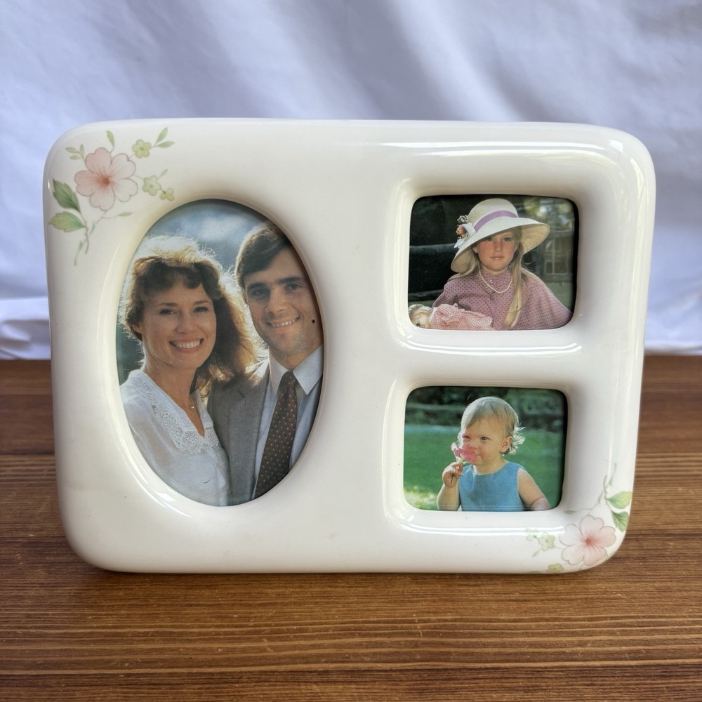 Vintage Fetco 1984 Ceramic 3 Opening Picture Frame White Floral 7.5 x 6